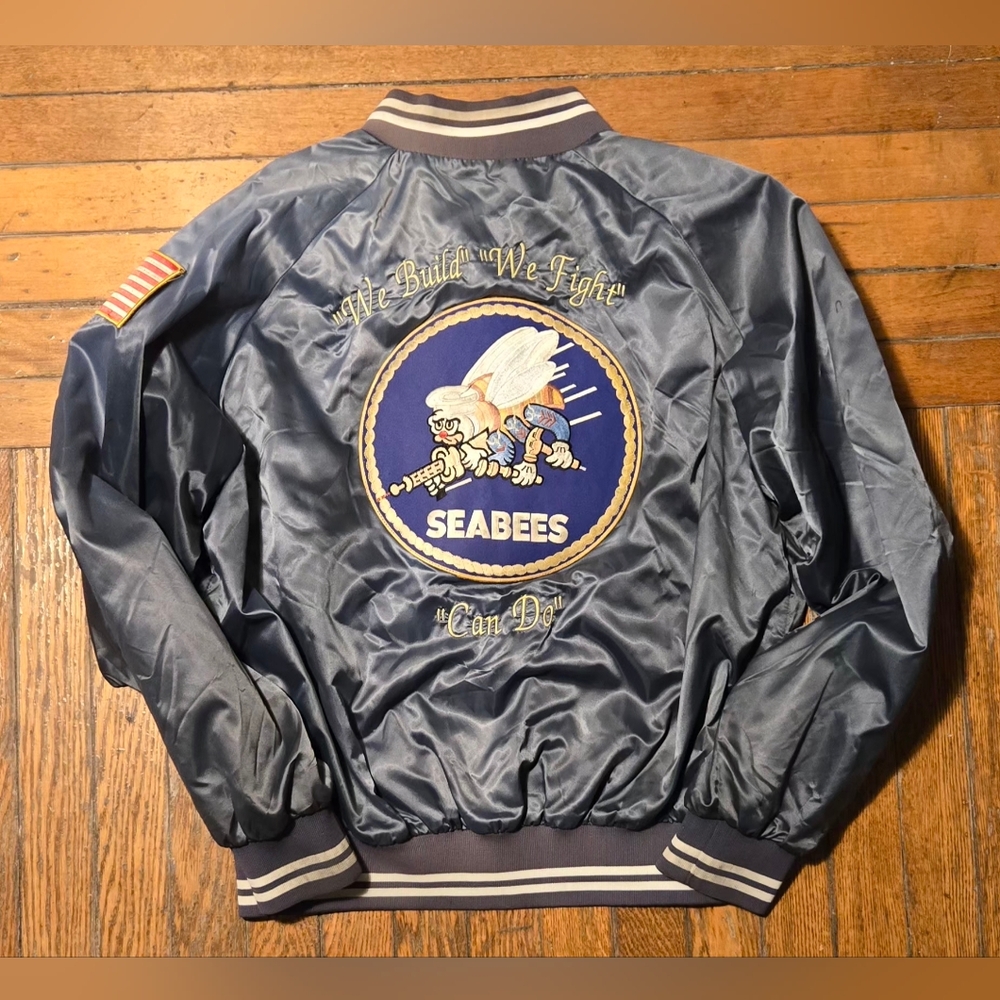 VTG 90s Seabees NAVY Auburn Sportwear Grey Bomber Jacket XL